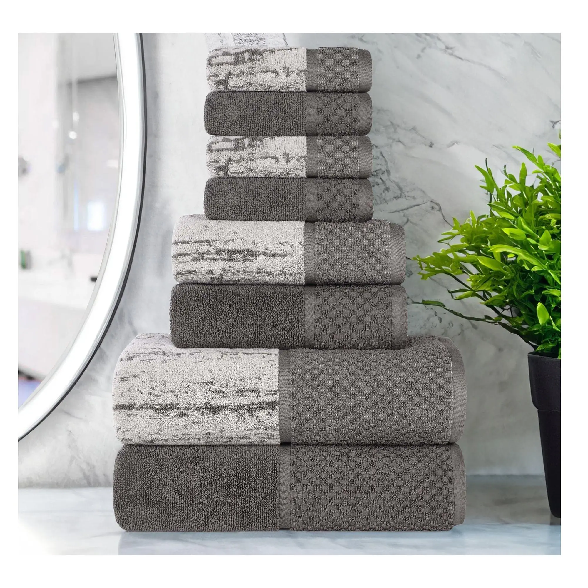 Superior Cotton Soft Absorbent Two Toned 8 Pi ece Towel Set