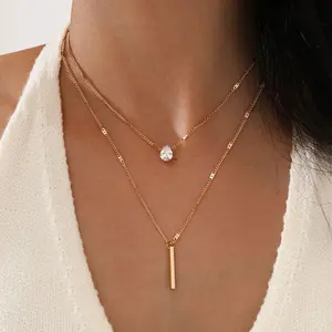 Cross-border rhinestone water drop long double-layer pendant necklace