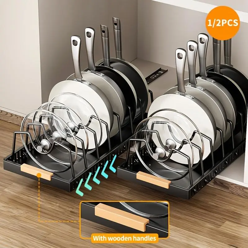1/2pcs Pull-Out Pot And Pan Storage Box for Cabinets, Kitchen Sliding Lid Rack And Pan Holder, Cabinet Sliding Storage Box for Storing Lids, Baking Tools, And Plates, 8/16 Adjustable Dividers, Kitchen Decor And Accessories.