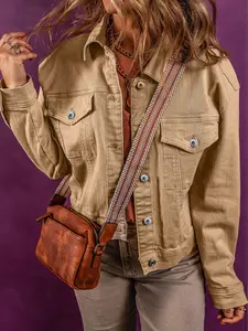 Light French Beige Solid Flap Pocket Metal Button Denim Jacket