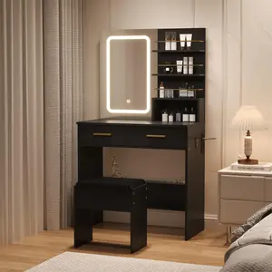 Vanity Desk with Mirror & LED Lights Makeup Table with Drawers & Storage Shelves Adjustable LED Lighting Built-in Charging Station Complete Vanity Set for Bedroom