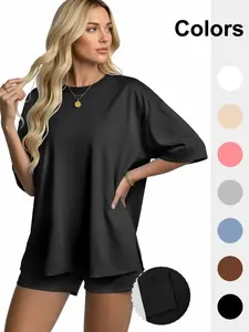 Women's loose-fitting two-piece loungewear set, short-sleeved top + shorts, comfortable for everyday wear with practical pockets, available in multiple colors to suit various occasions and exudes a relaxed feel!