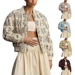 Women’s ramie linen embroidered daisy cut baseball jacket with quilted bubble sleeves and side pockets, casual spring fresh jacket GARMENTARY