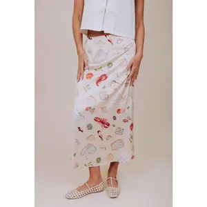 Coastal Picnic Skirt - Light Peach Satin Midi Skirt with Lobster & Olive Pattern Elastic Waistband Fully Lined for Beach Days