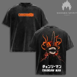 Chainsaw Man Vintage Washed Oversized T-Shirt, Anime Double Printed Heavy Cotton Tee, Denji Devil Hunter Streetwear Graphic Top for Otaku Fans
