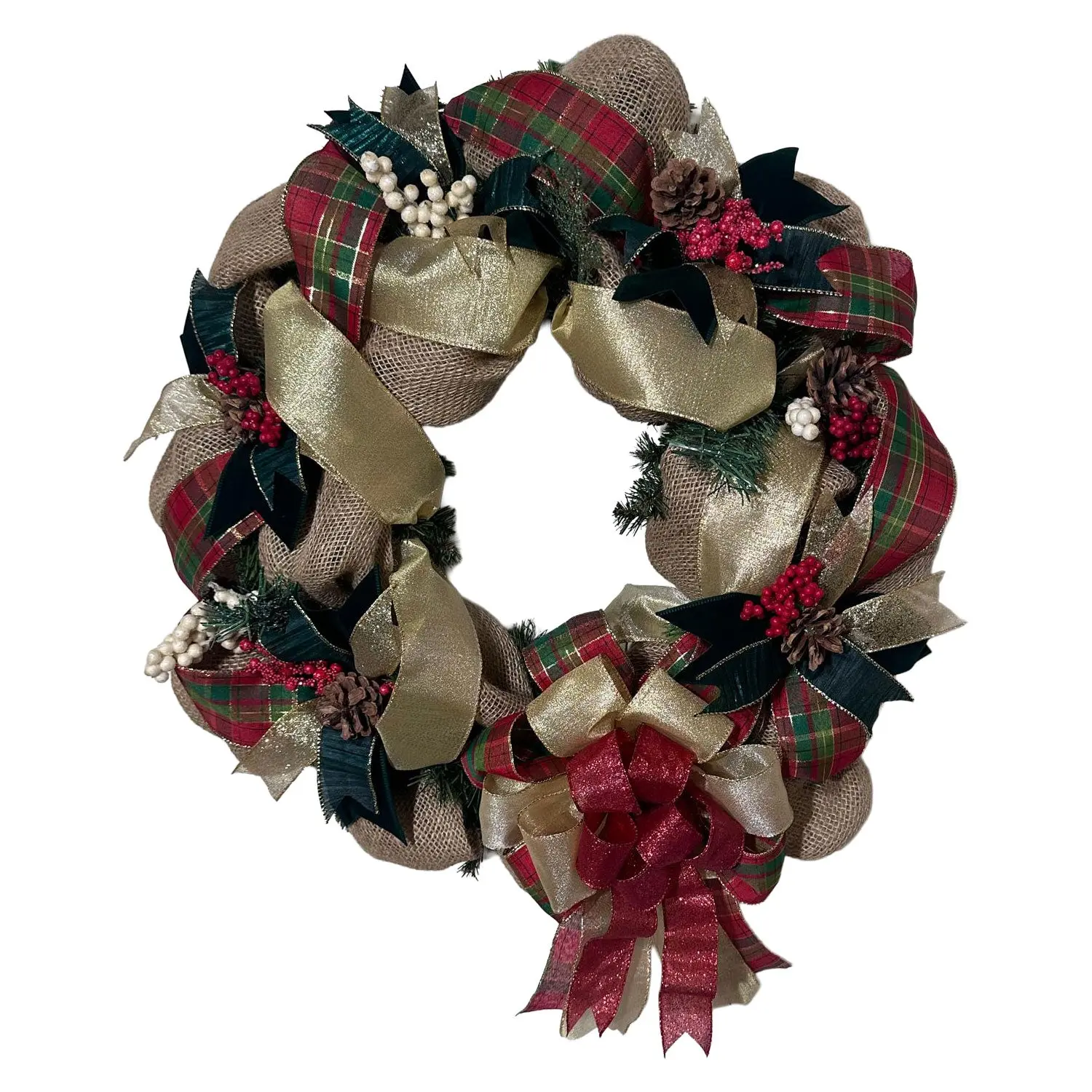 Burlap Wreath with Traditional Plaid & Gold Accents