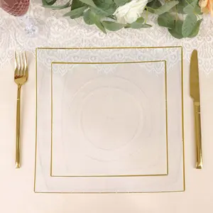 10-Pack Plastic Square Dessert Plates 8" Clear Concave Style with Gold Rim - Modern Disposable Salad Appetizer Party Plates