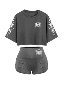 Women's Fitness Shorts Set, Elastic Waistband, Loose-Fit Street Style, Geometric Pattern, Ideal for Home or Gym, Casual & Sports Wear