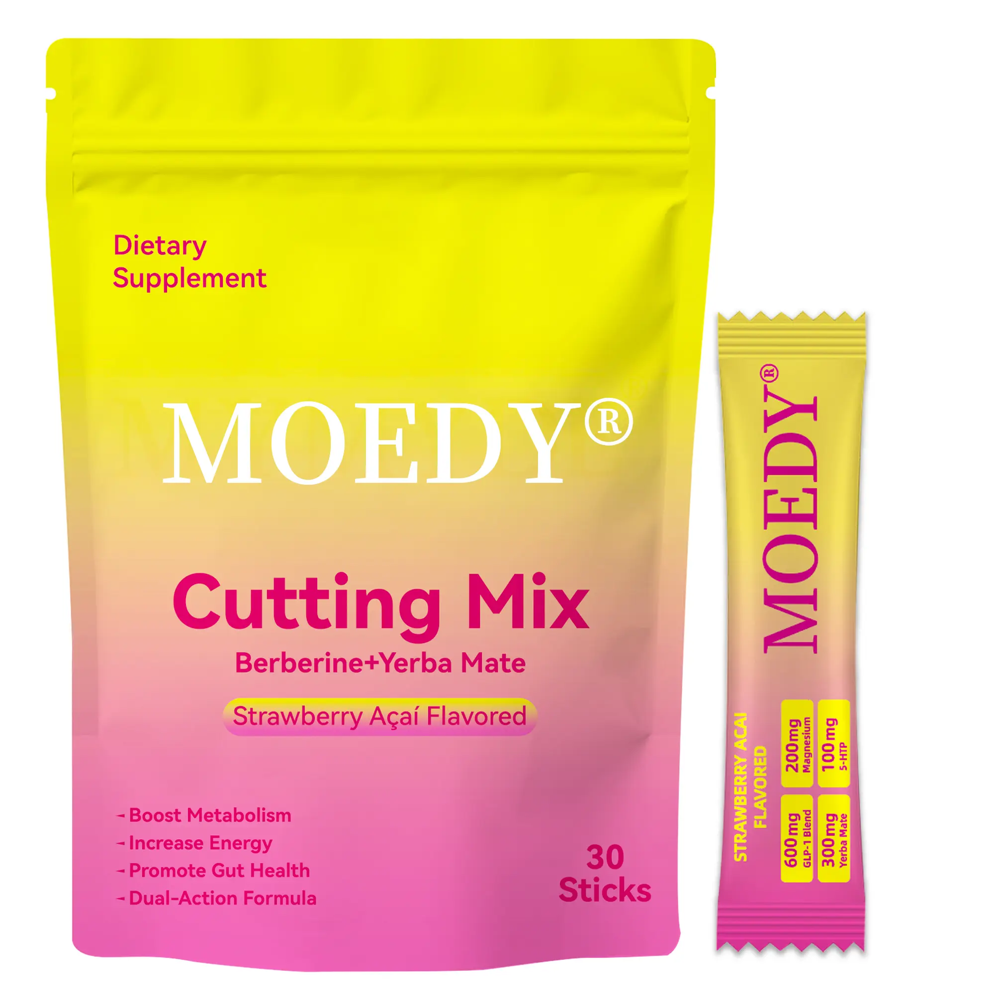 MOEDY Strawberry Acai Flavor Cutting Mix - Berberine + Yerba Mate forGym Goals, Metabolism & Energy Support, 30Sticks Drink Dietary Edible Fitness Supplement