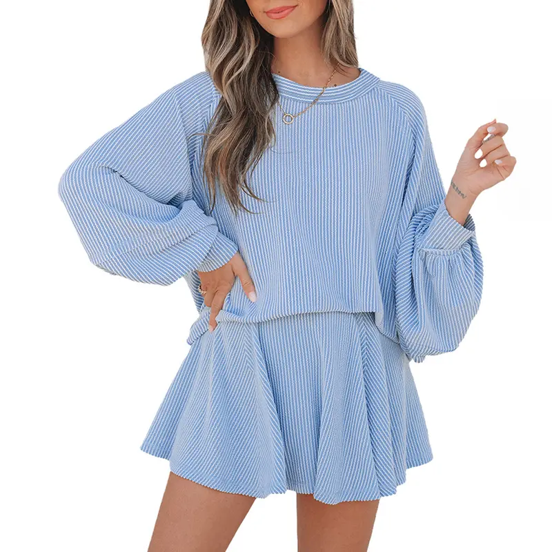 Mntaor Women's 2-Piece Fitted Clothes Set - Long Sleeve Lantern Top, High-Waisted Ruffled Mini Skort, Solid Colors, Comfortable for Casual Loungewear & Vacation