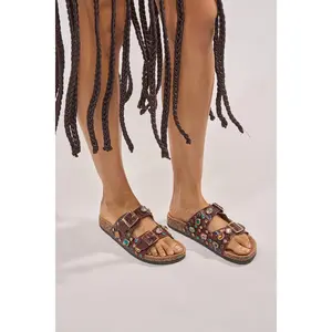 AKIRA BAYLEAVES BROWN SNAKE EMBELLISHED FLAT SLIP ON SANDAL