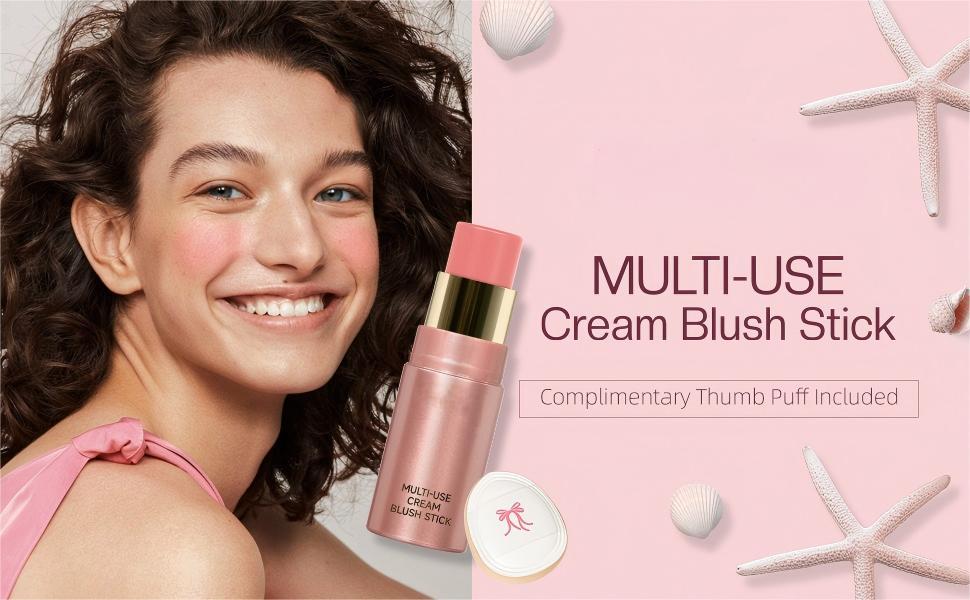 Multi-Use Waterproof Makeup Cream Blush Stick with Brush, 3-in-1 Buildable Blush Stick for Cheeks, Eyes, and Lips, All day wear, Easy Application