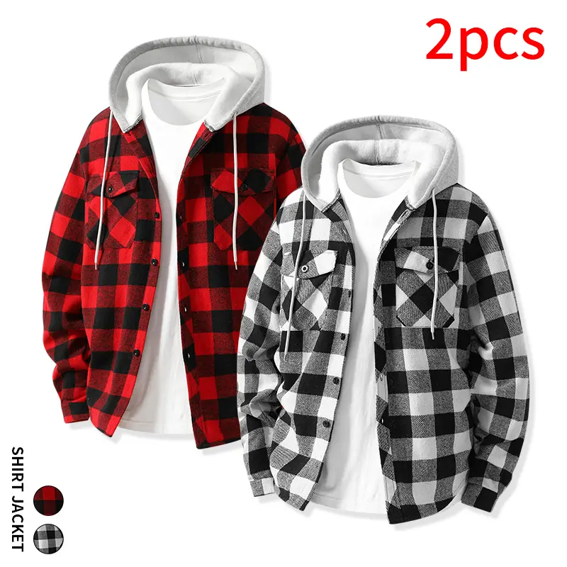 #SohoChic Men 2Pcs Plaid Hooded Shirt Jacket, Casual Button Down Flannel Shacket for Daily Wear