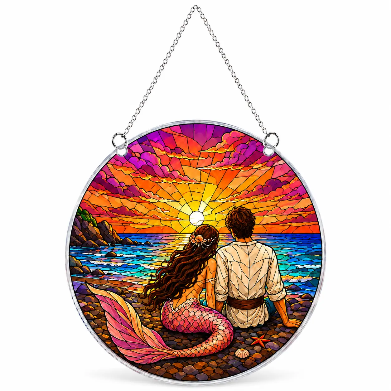 Mermaid Sunset Acrylic Suncatcher, Stained Glass Style Window Hanging, Colorful Ocean Beach Decor, Romantic Mermaid Couple Sun Catcher, Coastal Home Gift
