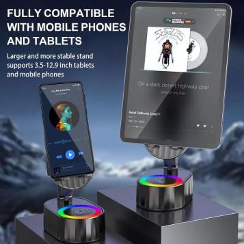 New Wireless Induction Audio Bluetooth Speaker 5in1 Cellphone Holder USB Emergency Rechargeable (3000mAh) Portable Power Mobile Tablet Stand with Colorful Ambient Light Gifts for Friend, Family