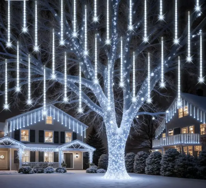 PEMOTech Valentine Lights Outdoor,16 Tubes 576 LED 16 Inch,Meteor Shower Lights Outdoor,Waterproof Icicle Lights,Luces Navideñas para Exteriores,White,50 ft for Christmas Tree,Party,Garden Decor