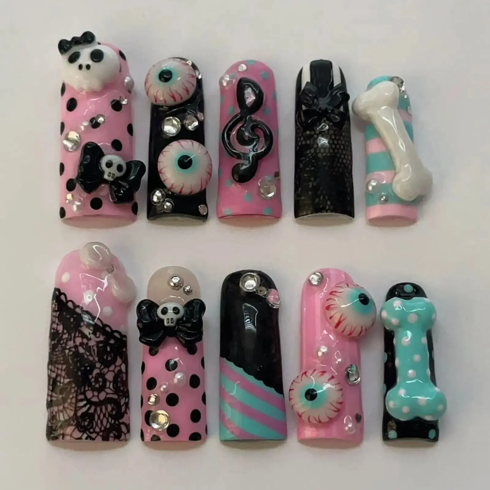 Pastel Goth Press On Nails | Creepy Cute 3D Eyeball Bone Nail Art | Kawaii Horror Pink Black Handmade Nails