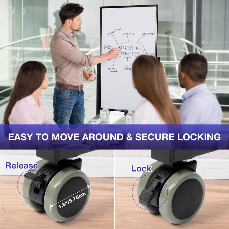 VOWNER Rolling Whiteboard, 40x24 inches Double-sided Magnetic Dry Erase Board on Wheels, with Aluminum Frame, Portable Presentation Board with Iron Stand for Office, Home, School, Black Classroom Supplies