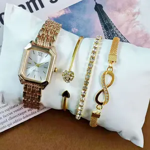 Valentine’s Day Watch Gift Set - 5-Piece Elegant Stainless Steel Jewelry Bundle (Square Quartz Watch for Her,All Seasons Wear)