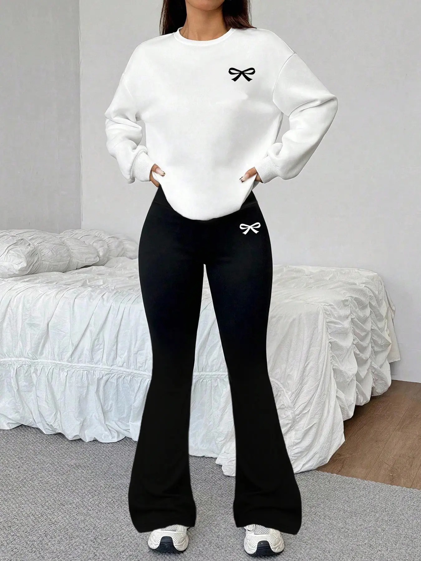Women's Simple Butterfly Knot Print Hoodie Set, Fall & Winter Casual Fitted, Warm Breathable Campus Style Outfit