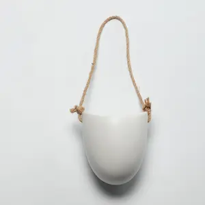 Ceramic Wall Hanging Planter, White Wall Mount Flower Pot, No Drill Succulent Planter with Rope for Indoor Balcony & Home Decor