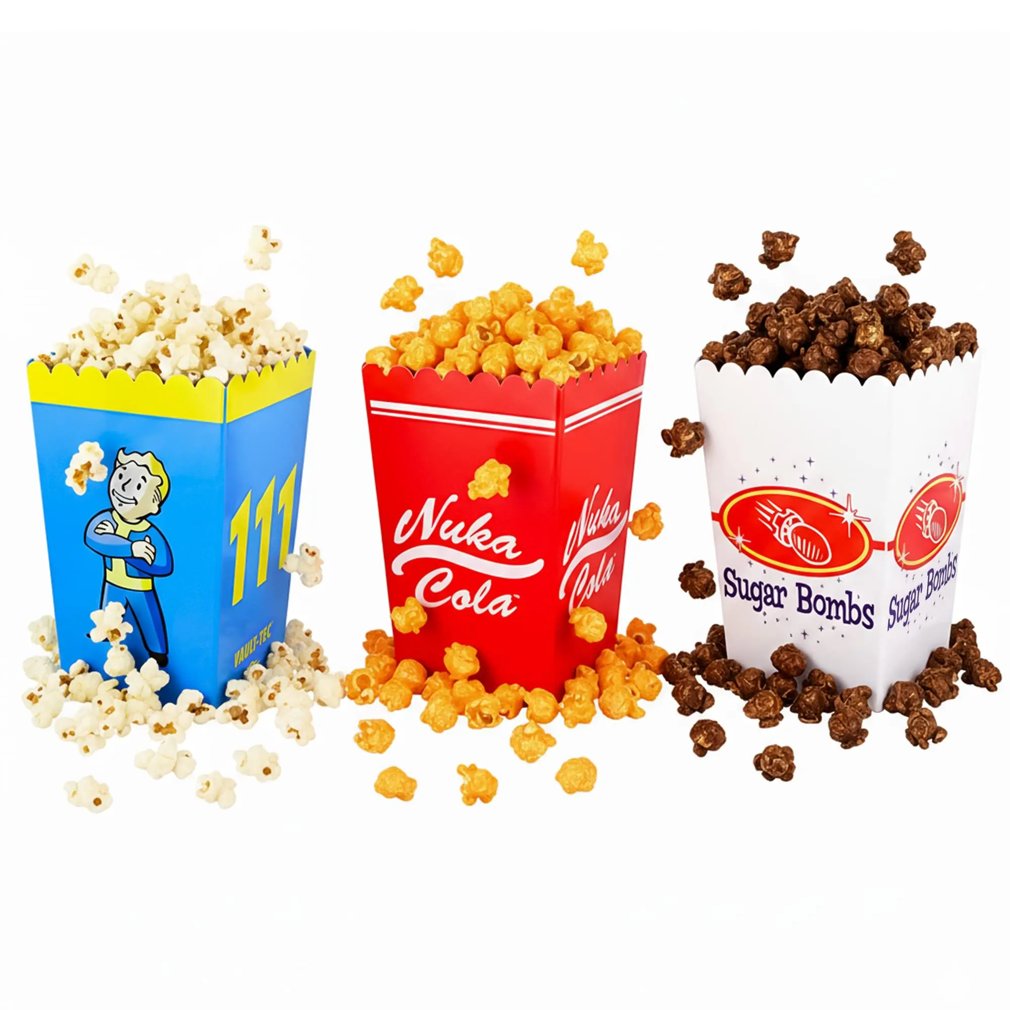 Fallout Popcorn Bucket Gift Set (3-Piece) - Nuka-Cola Logo, Vault Boy, Sugar Bombs 3 Distinct Designs for Snacks, Display with Pip-Boy Kitchenware Bowl Set