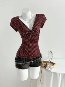 Meghana Glow Elamini Women's V-Neck Ruched Embellished Button Knit Polka Dot T-Shirt