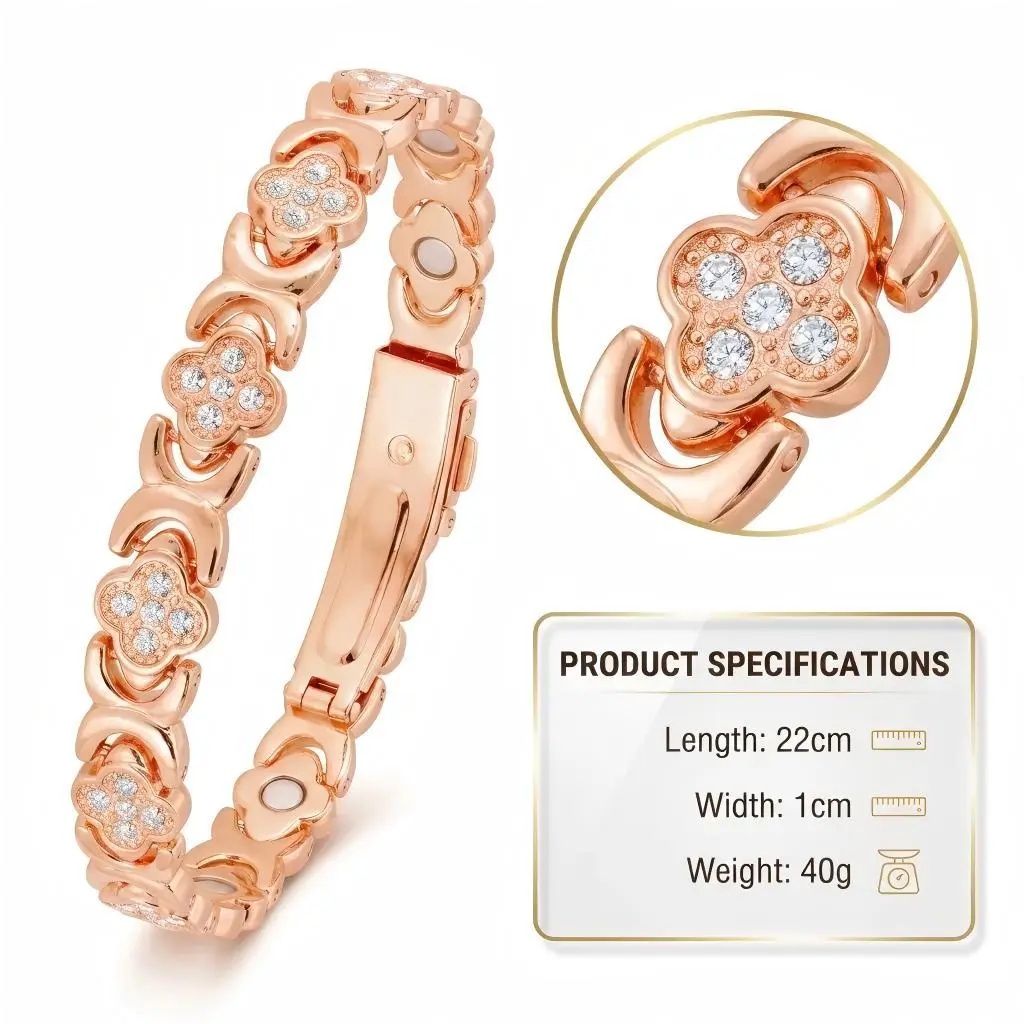 Women’s Retro Rose Gold 4-Leaf Clover Bracelet - Vintage Elegant Design, 3800 Gauss Magnets Inlaid, Premium Sparkling Crystals, Stackable Trendy Style bracelets bracelets cosas de 1 dólar target couping this week bracelets for women jade bracelet