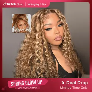 Wavymy Wear Go 7x5 Glueless Lace Honey Blonde Light Highlight Minimalist Water Wave Wig With Bleached Clean Knots 180% Density Bye-Bye Knots 100% Human Hair Outdoorfun Soft Dome Cap