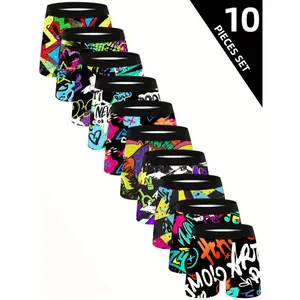 10pcs Men'S Boxer Briefs, Long Length, Trendy Graffiti Print, Stretchy Elastane Fabric, Casual Athletic Wear for Youth