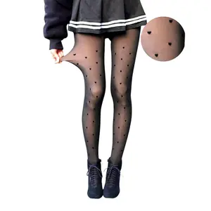 Fleece Lined Heart Polka Dot Tights Faux Translucent Stockings for Women Warm Winter Leggings