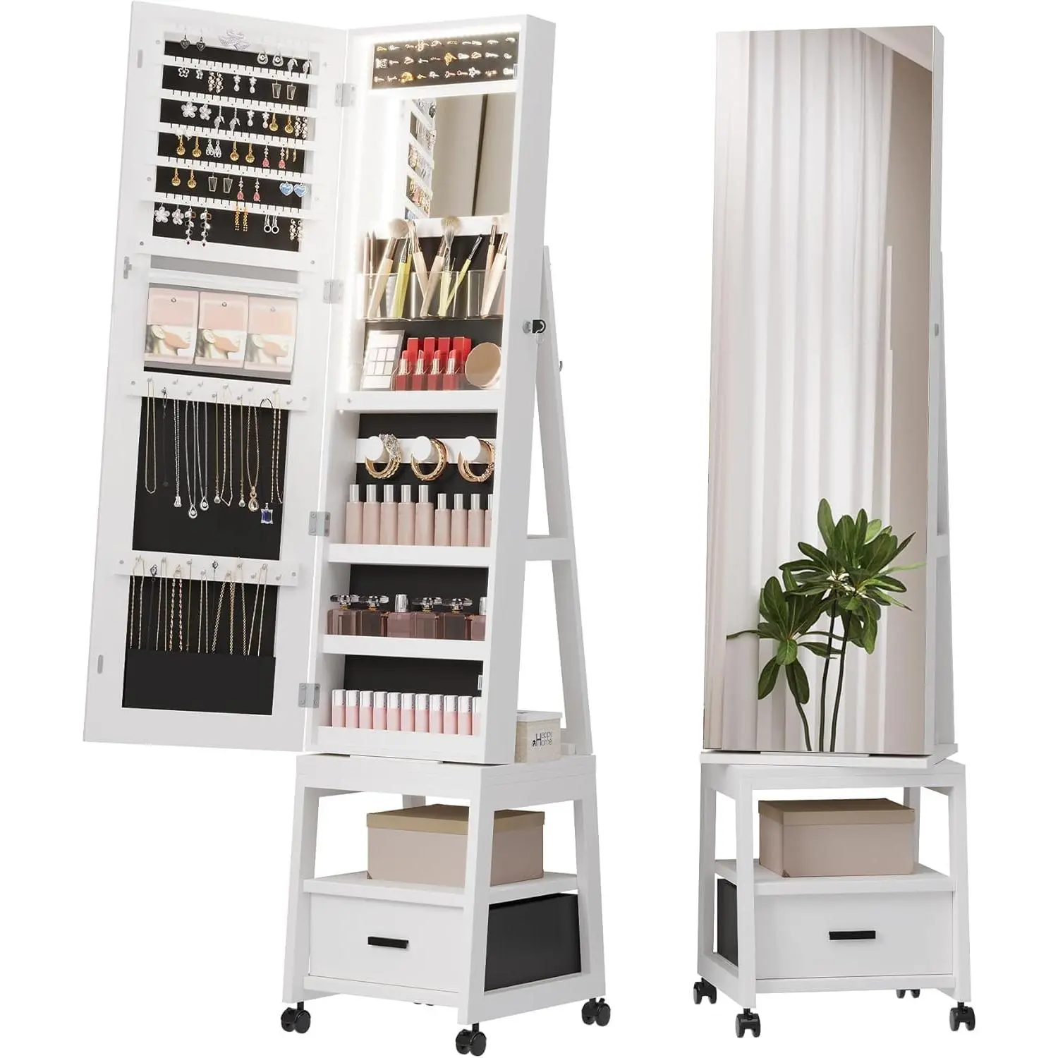 360° Swivel Jewelry Cabinet with LED Lights, Inside Makeup Mirror, Lockable Standing Jewelry Armoire Organizer with Drawer and Wheels, Elegant White Design bistro table drill slot lightweight wheelchair cast iron core deck porch backyard all-terrain