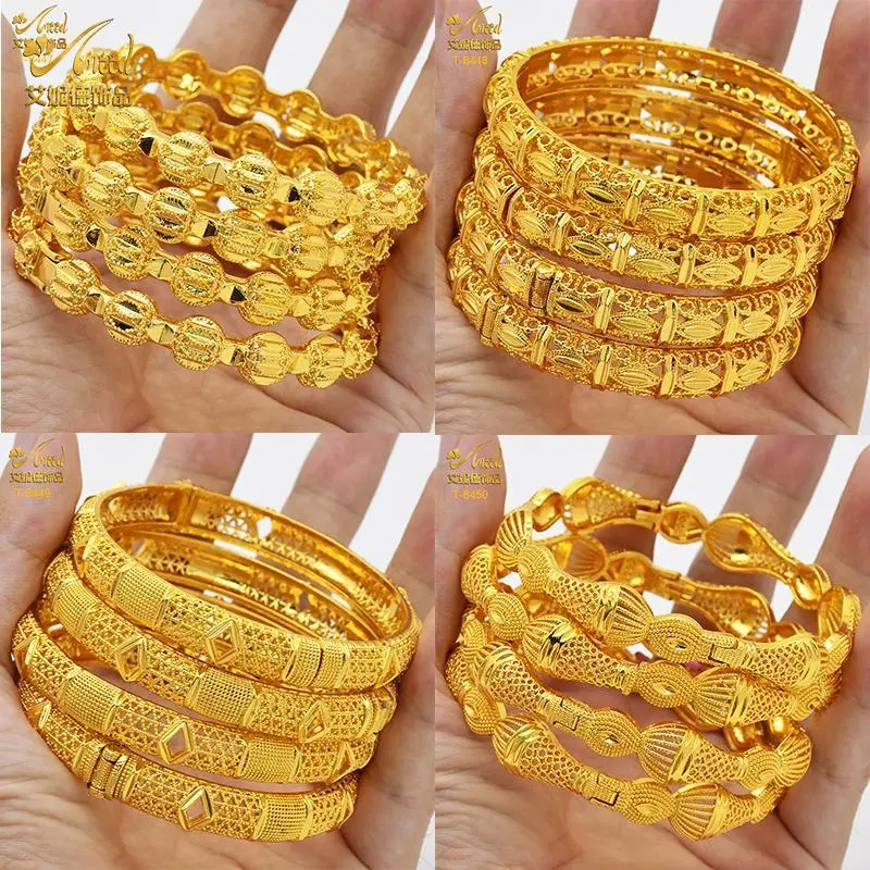 ANIID Luxury 24K Gold-Plated Dubai Gold Color Bangles for Female, Adjustable 13 mm Width Girl's Engagement Bracelets, Indian Wedding Costume Jewelry