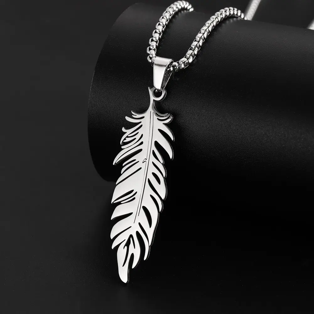 Feather Cutout Necklace for Men, Polished Silver Long Box Chain, Hip Hop-Inspired Minimalist Jewelry for Casual Streetwear, Long Chain, Classic Box Chain