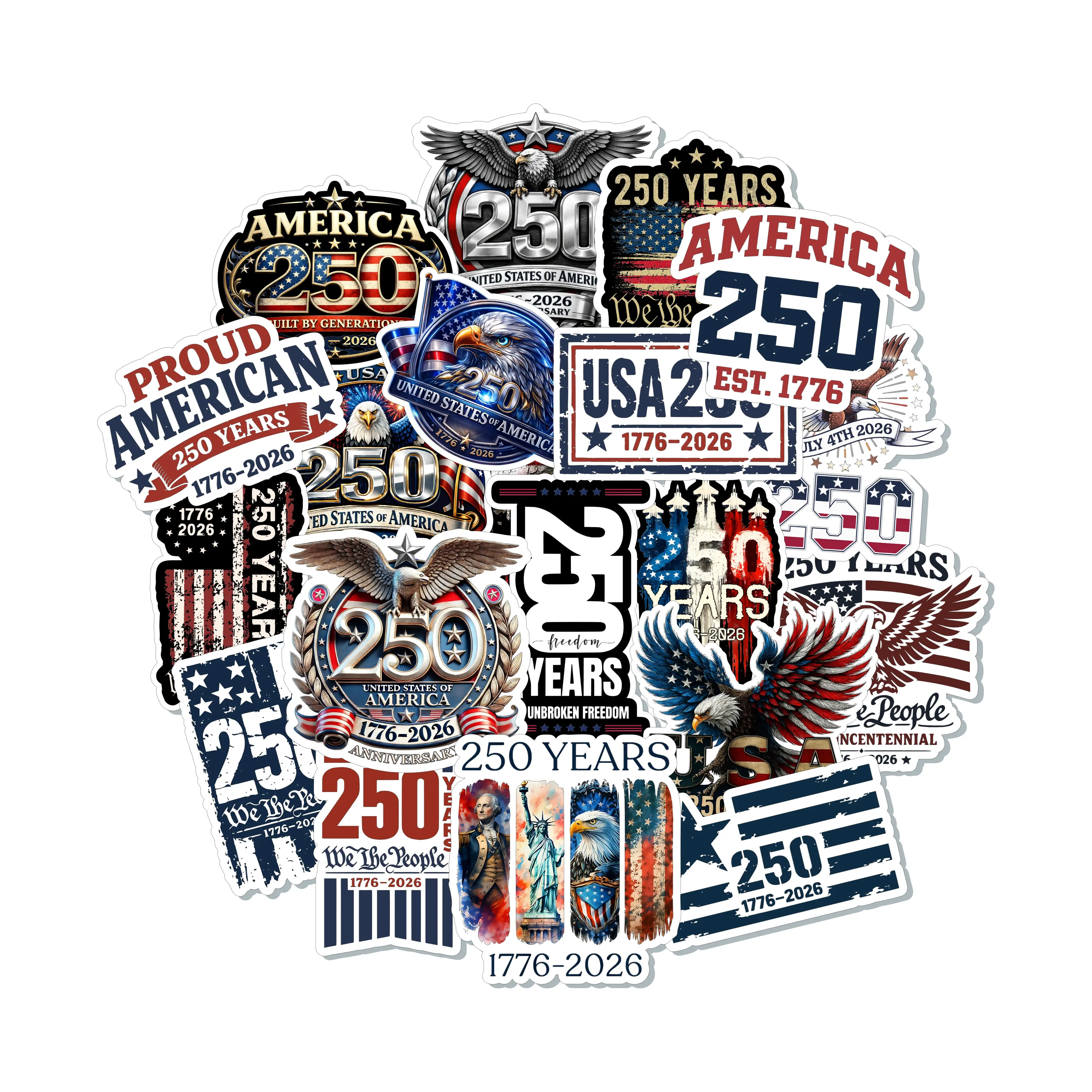 USA 250th Anniversary (1776-2026) Limited Edition Vinyl Sticker Pack - 20pc Adhesive Decals for Coolers, Hard Hats, Collectibles | DIY Scrapbooking & Stamping Toy