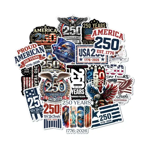 USA 1776-2026 250th Anniversary Limited Edition Pre Cut Stickers Pack - 20pc Bold Designs Full-Color Vinyl Prints Art Stickers, Scrapbooking Supplies, for Coolers Hard Hats Everyday Personalization