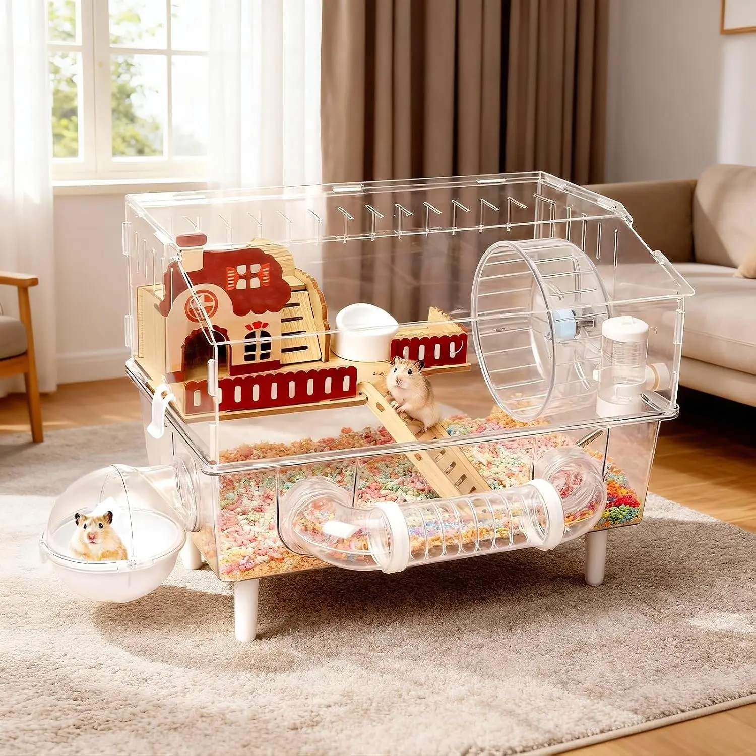 Large Hamster Cage 9 in 1 with All Accessories, 2-Layer Acrylic Hamster House with Full Transparent Viewing, Top Open Cage for Pet Mice, Dwarf Hamster, Gerbils (Transparent)