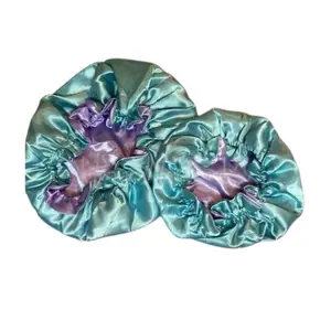 Reversible Silk Satin Bonnet – Mommy & Me (Adult + Kids) | Frizz Control Sleep Cap | Premium double-layer silk satin for long-lasting durability. (TEAL BLUE+ LAVENDER PURPLE)