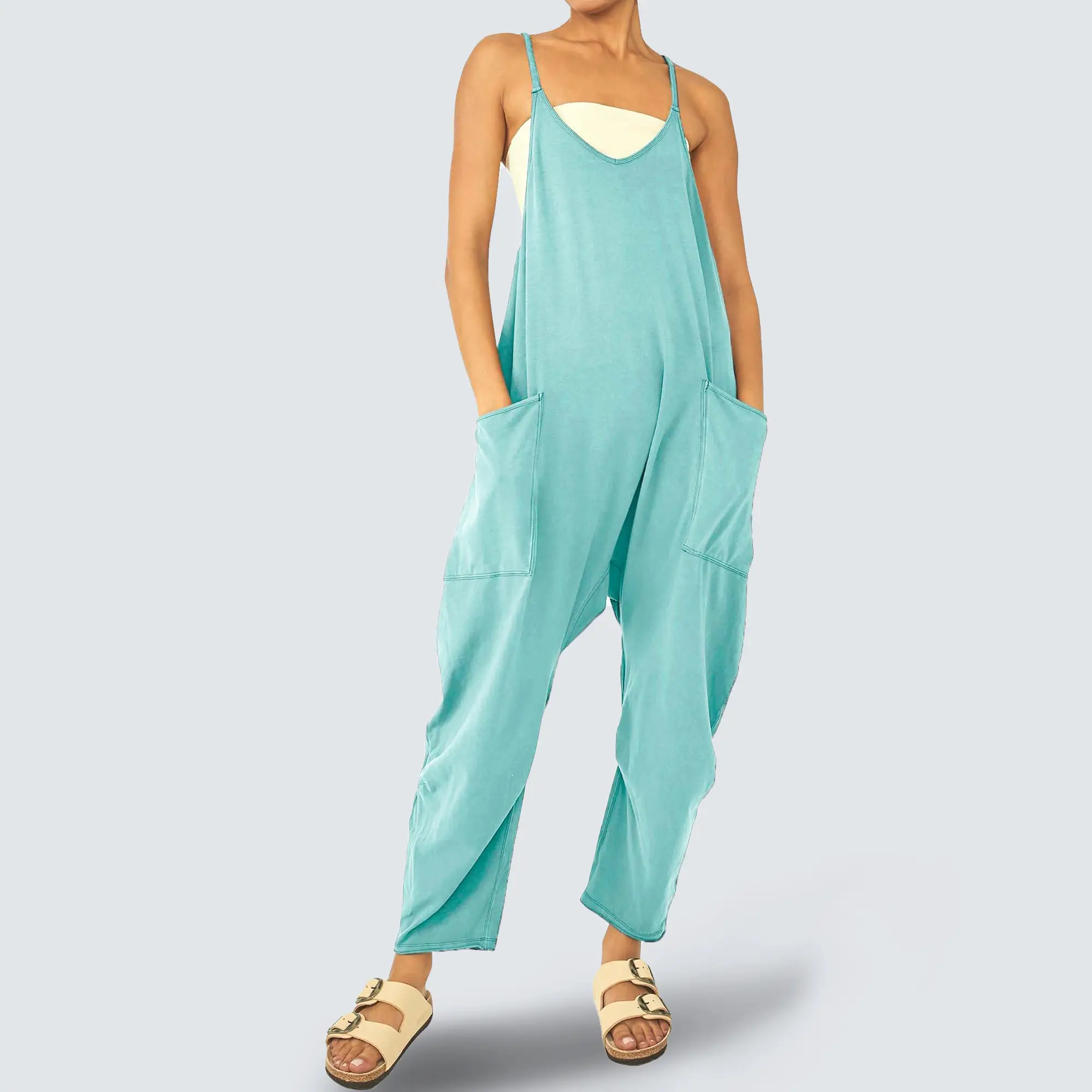 EVELLYHOOTD Women Baggy Sleeveless Slip Jumpsuit Spaghetti Strap Long Pants Overalls with Pockets Casual V Neck Super Comfort Basic