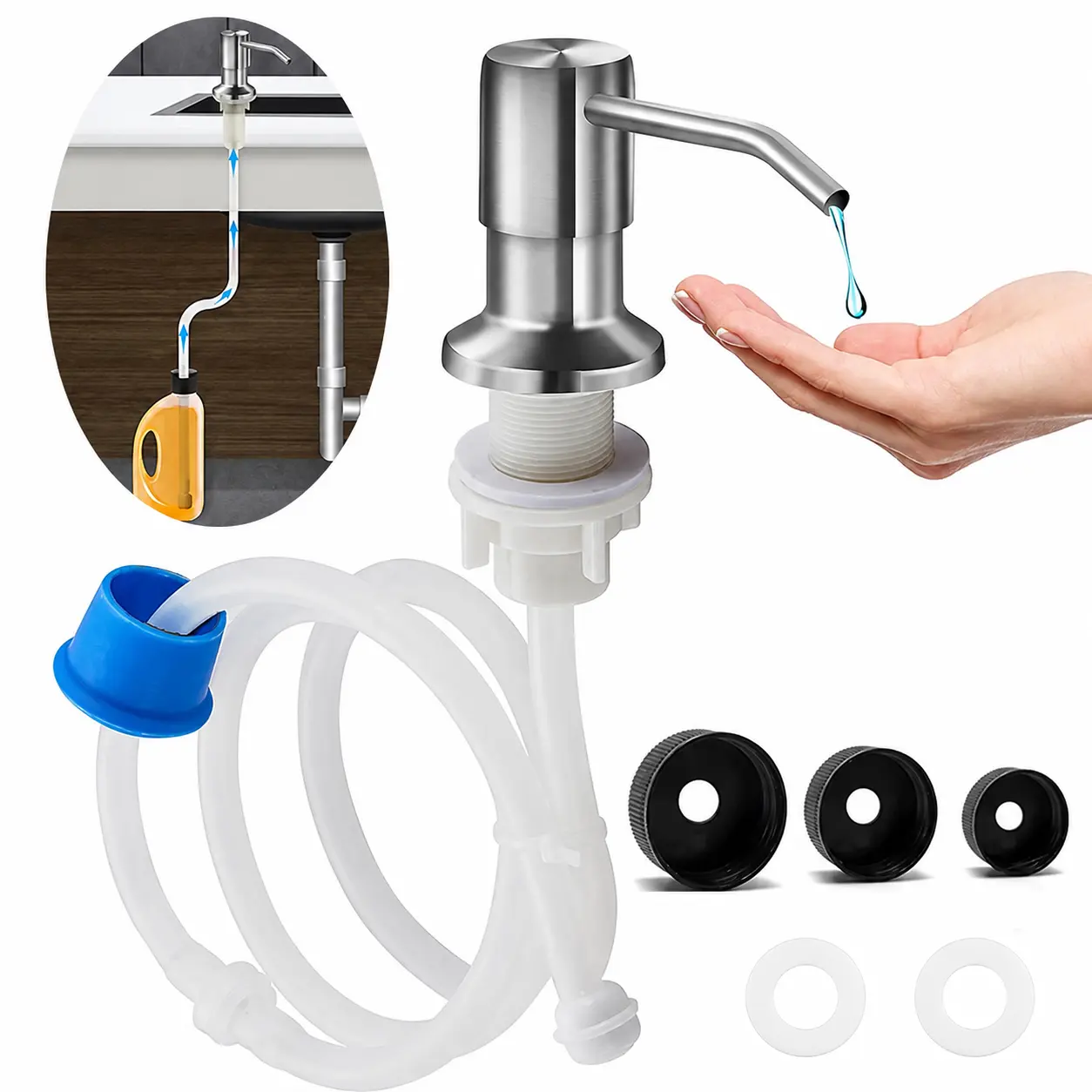 Snofrid Soap Dispenser for Kitchen Sink, Upgrade Built in Sink Soap Dispenser Brushed Nickel, Countertop Sink Soap Dispenser Pump with 47" Extension Tube kit, No Need More Refills