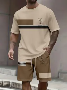 Men's Casual Short Sleeve T-Shirt with Gym Shorts, Fashion Striped Patchwork Design, Comfortable Breathable Daily Wear