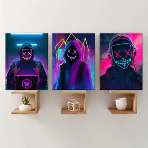 Neon Character Pattern Canvas Painting with Frame, 3 Counts/set Artistic Wooden Framed Canvas Wall Art, Wall Decor for Home Living Room Bedroom Office, Ornaments