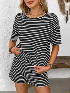 Summer Women's Stripes Knit Lounge Set Soft 2 Piece Set Casual Pajamas Loungewear Short Sleeve Crew Neck Top & High Waisted Shorts for Home Use Mother's Day