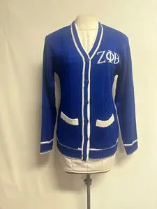 Zeta Phi Beta ZOB Women's Royal Blue Knitwear Cardigan Stay Warm in Style with White Lettering and Buttons - Womenswear