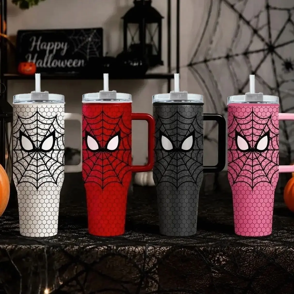 1PC 40oz Sp1derWeb Tumbler with Handle, Stainless Steel Insulated Travel Cup, Double Wall Vacuum Mug, Leak Resistant Lid, Keeps Cold 24H Hot 12H, Cute Halloween Gift for Women, Spooky Season Coffee Cup