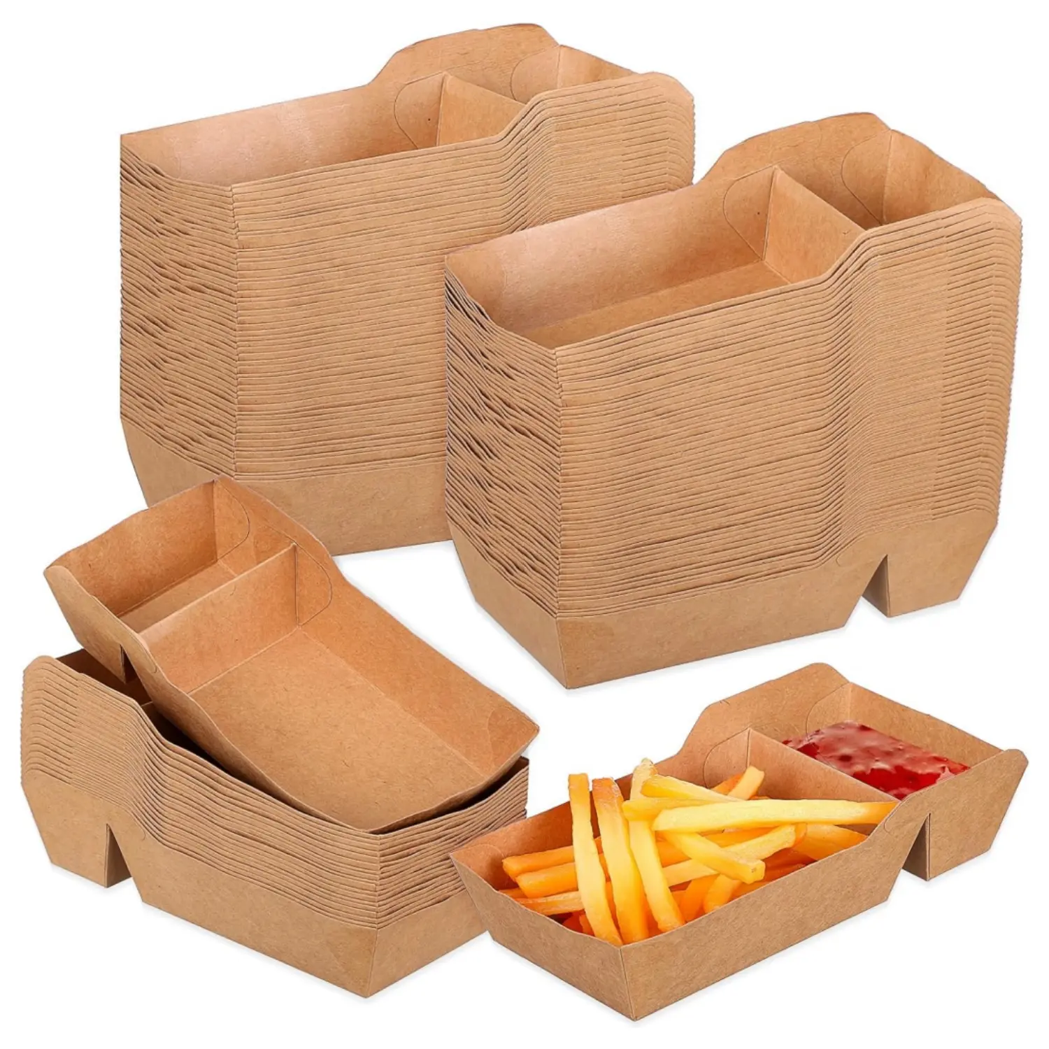 100-Pack Kraft Paper Nacho Boat Trays (7.0''L x 3.3''W x 1.4''H) - 2-Compartment Grease-Resistant Heavy-Duty Paperboard Food Serving Holders, Disposable Boxes for Parties, Takeout Fast Food Snacks, Box