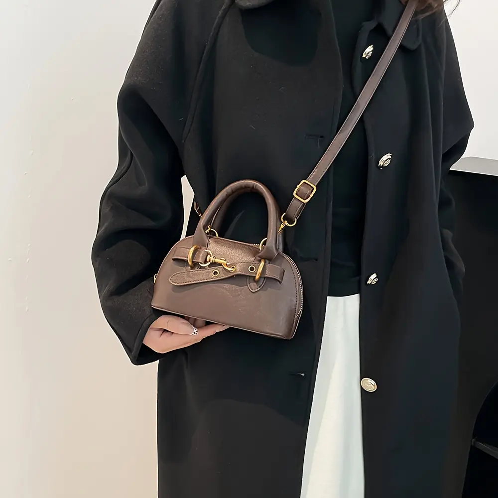 Leather Bowling Bag for Women, Plain Mini Crossbody Handbag with an Adjustable Strap and Gold-Tone Hardware, Bowling Handbag, Casual