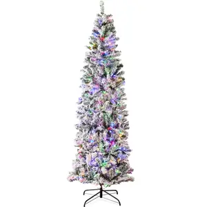 Best Choice Products Pre-Lit Artificial Snow Flocked Pencil Christmas Tree Decoration w/ Multicolor Lights