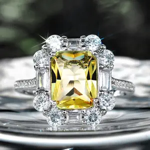 Brilliant Sparkle Yellow Emerald Cut Cubic Zirconia Ring |   14K White Gold Plated Double Halo |   Luxury Engagement Statement Jewelry