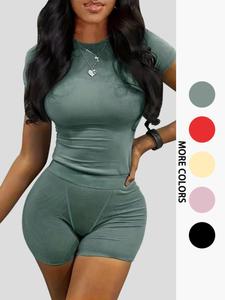 women's solid ribbed short sleeve top & skinny shorts set, casual comfy round neck tee shirts & shorts for yoga gym workout, vacation sets, ladies summer clothes, fall clothes, downtown girl clothes, yoga suit set